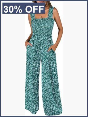 Smocked Sleeveless Wide Leg Jumpsuit Romper Summer Vacation Outfit